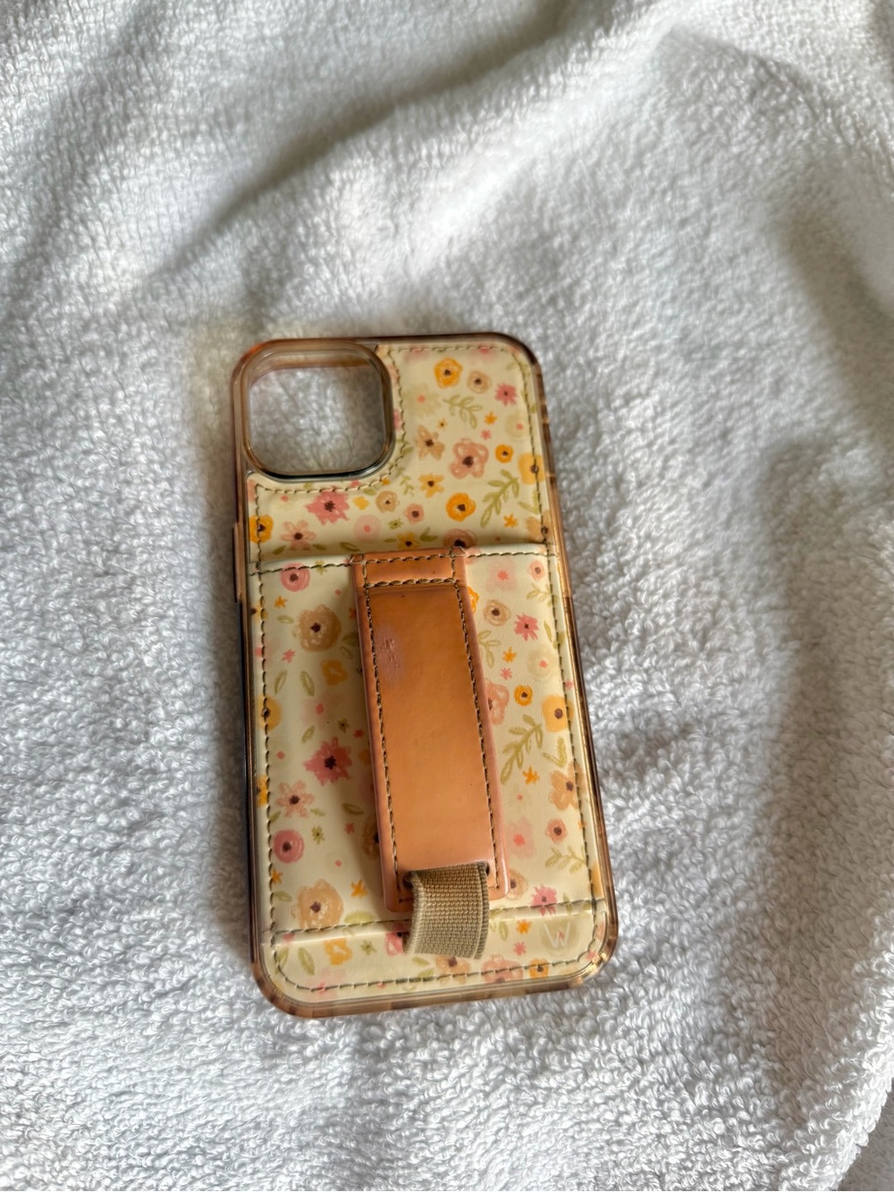 Floral Wallet Grip Phone Case with Tan Hand Strap - Cream Floral